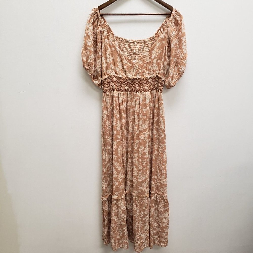 NWT Free People Womens Ellie Print Smocked Midi Dress Size L Beige Short Sleeve